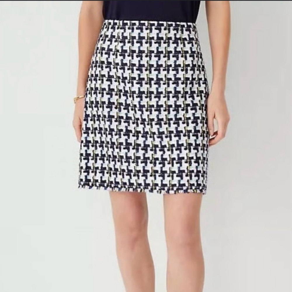 Ann Taylor Houndstooth Tweed Fringe A-Line Skirt